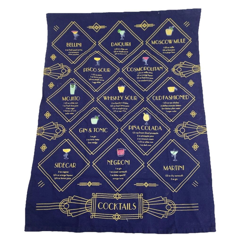 Anthropologie‎ 100% Cotton Tea Kitchen Dish Towel “cocktails” Bar 27.5” X 20”